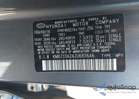 2018 Hyundai Tucson Value z USA, uszkodzony, nr VIN KM8J33A24JU683646